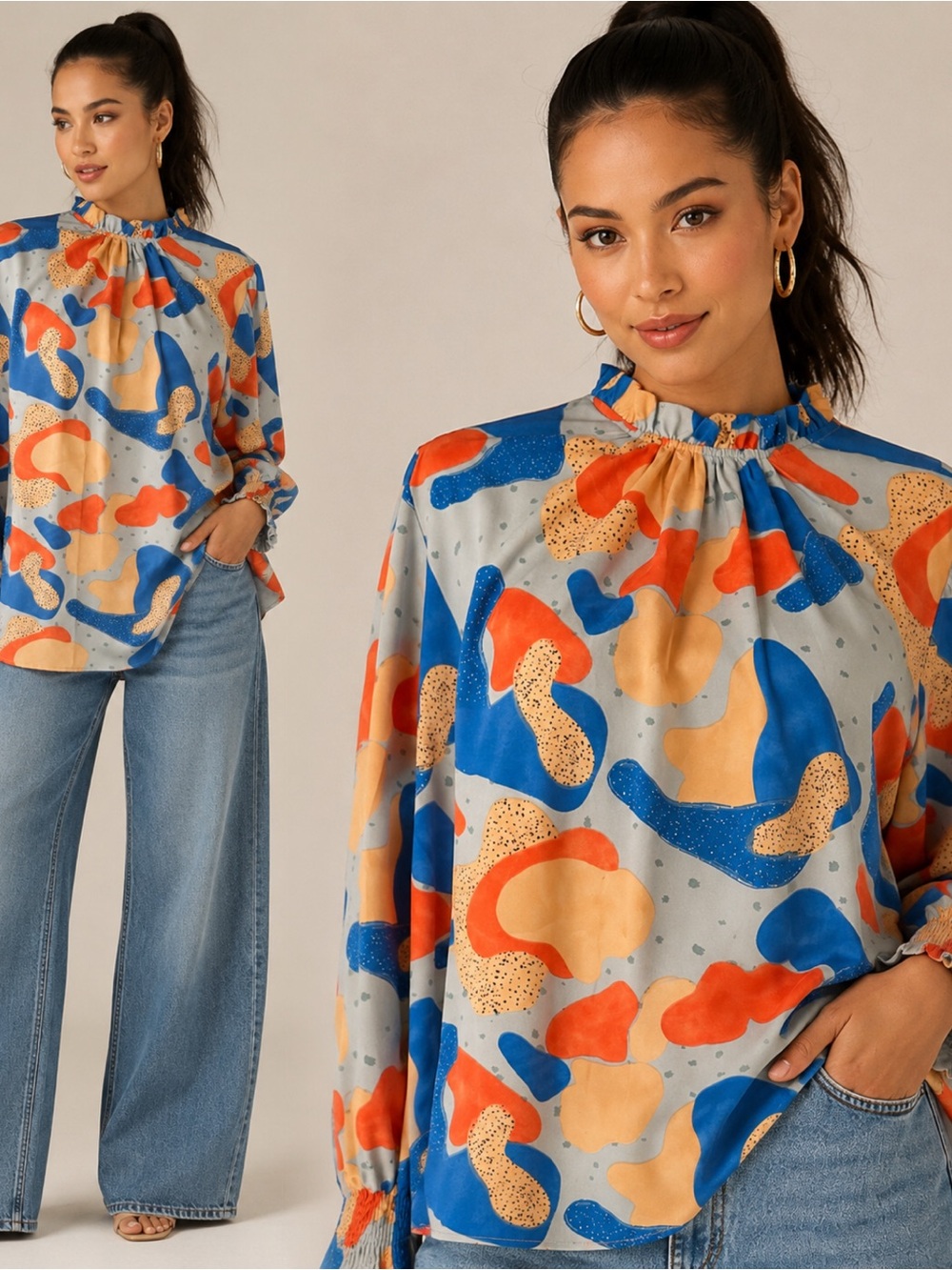 JODIFL Multicolor Abstract Print Smocked-Neck Blouse